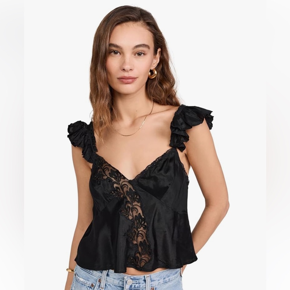 Free People Harmony Black Lace Tank Ruffle & Floral Embroidered Size Medium NWT